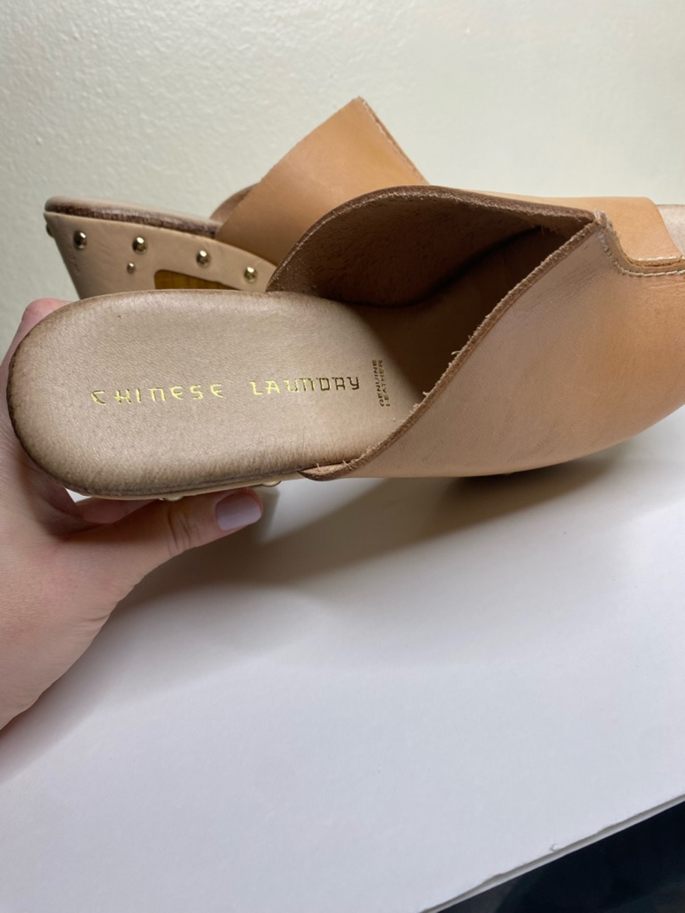 Chinese Laundry Women's Tan Leather Studded Platform Peep Toe Mules - Picture 11 of 14